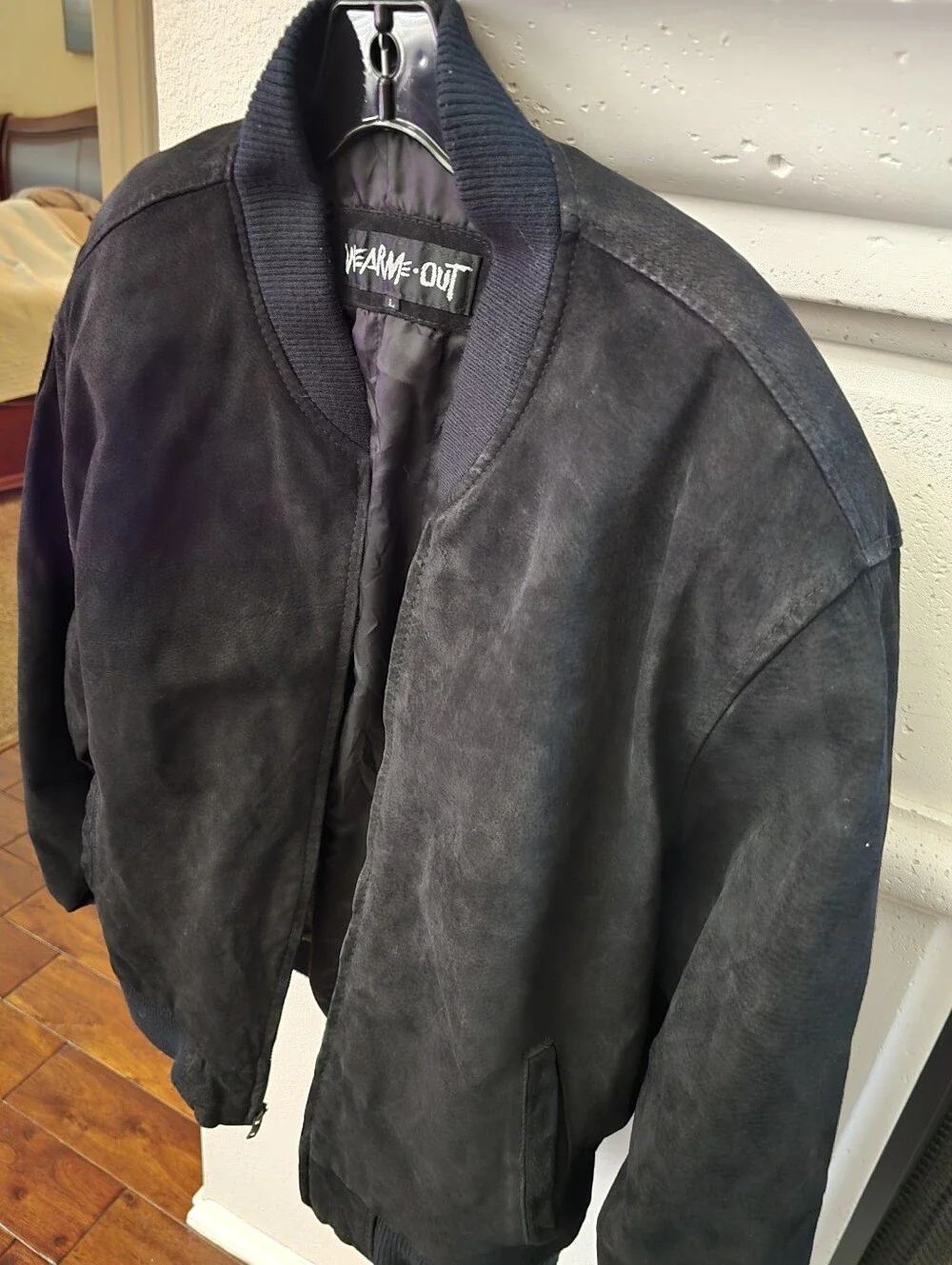 Men's Black Suede Bomber Jacket Wear Me Out Side Large